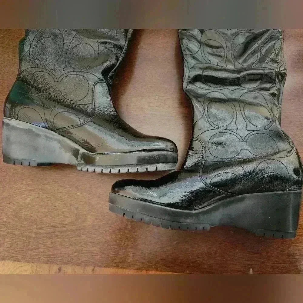 Coach Ceejay Black Patent Leather Wedge Boots Size 9 W/ Original Box Logo Stitch - Picture 4 of 8